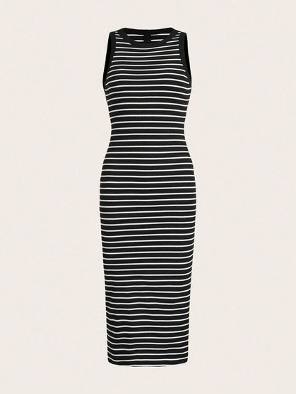 Striped Rib-Knit Bodycon Tank Midi Dress for Women – Casual Slim Fit Sleeveless Everyday Wear