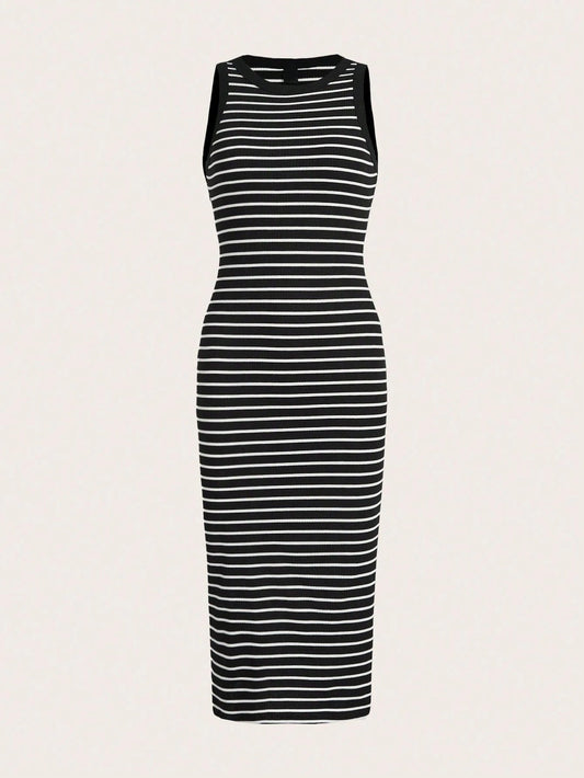 Striped Rib-Knit Bodycon Tank Midi Dress for Women – Casual Slim Fit Sleeveless Everyday Wear
