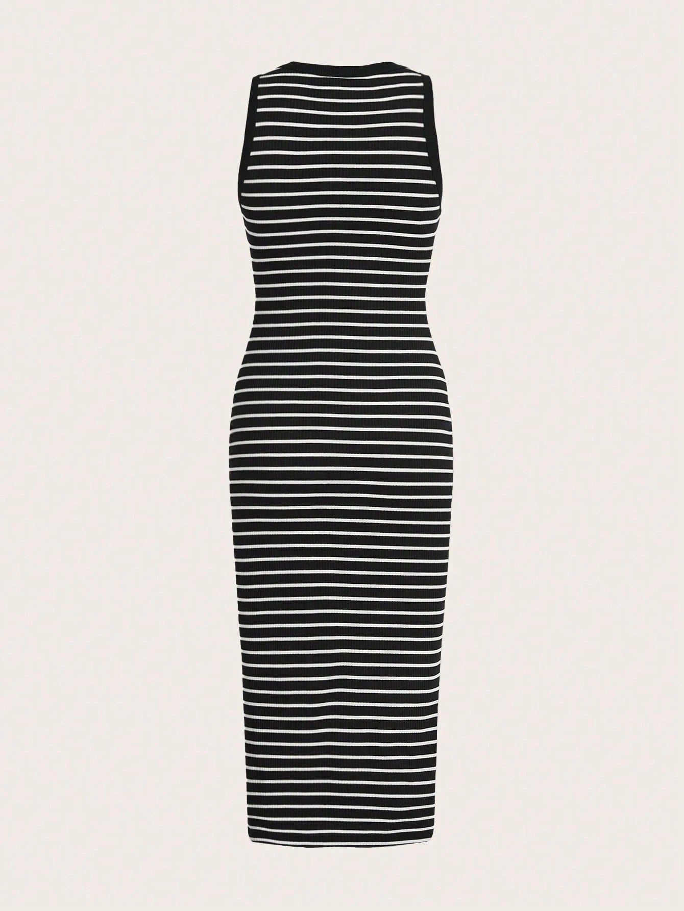 Striped Rib-Knit Bodycon Tank Midi Dress for Women – Casual Slim Fit Sleeveless Everyday Wear