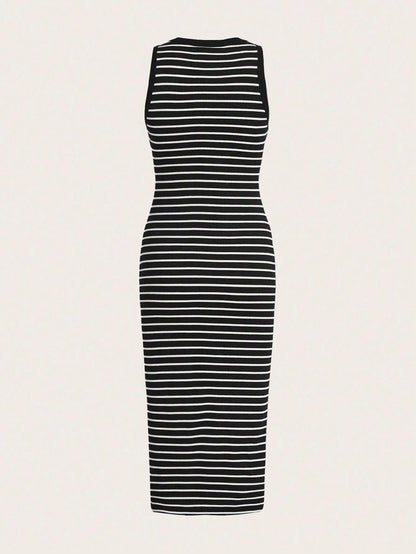 Striped Rib-Knit Bodycon Tank Midi Dress for Women – Casual Slim Fit Sleeveless Everyday Wear
