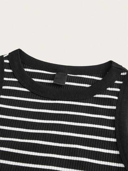 Striped Rib-Knit Bodycon Tank Midi Dress for Women – Casual Slim Fit Sleeveless Everyday Wear