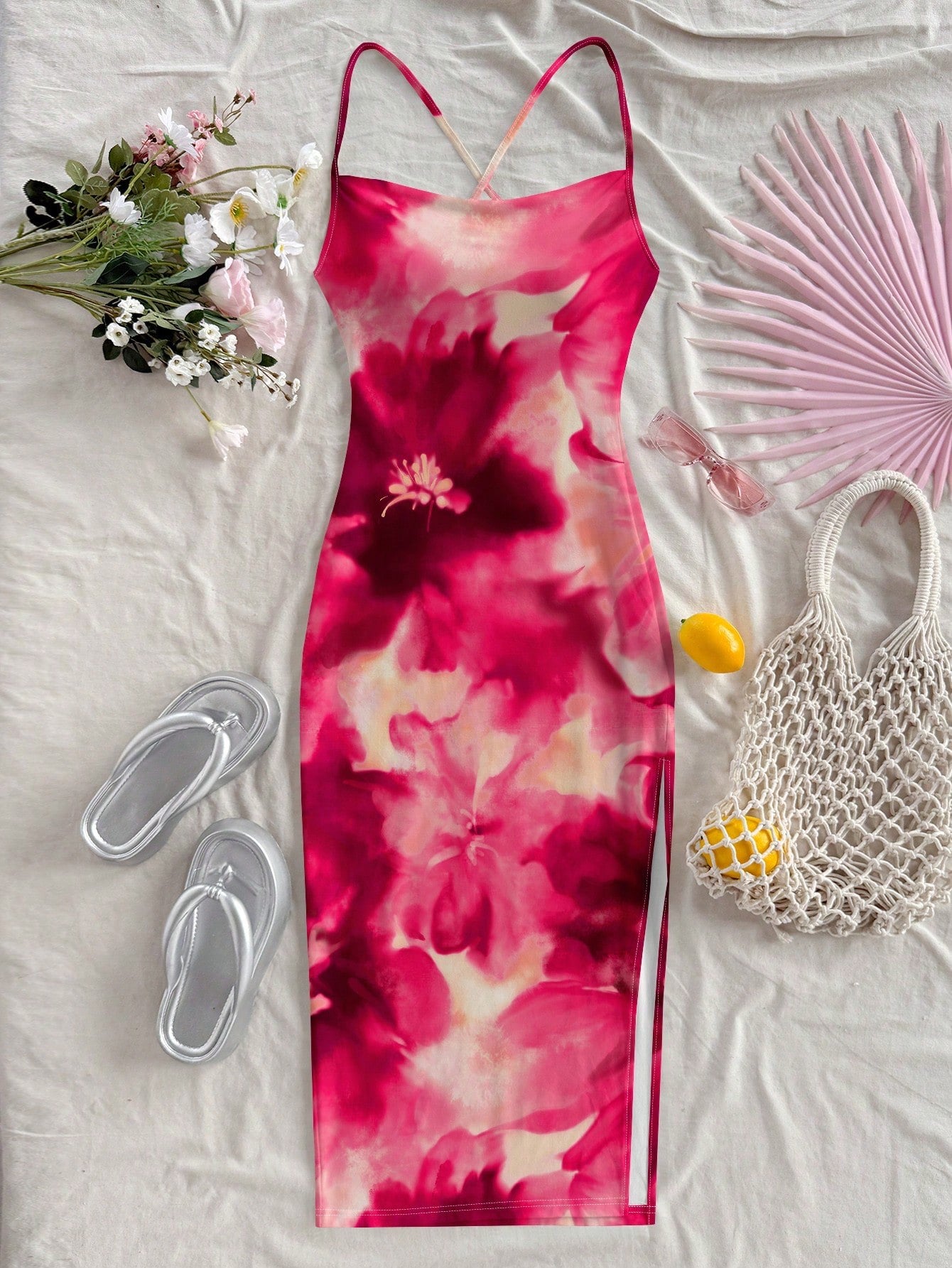 Floral Print Sleeveless Bodycon Midi Dress – Spaghetti Strap Backless Summer Holiday Wear