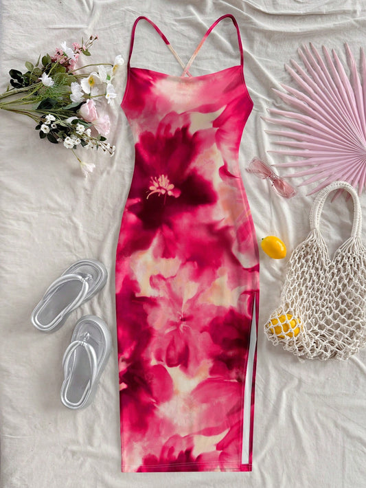 Floral Print Sleeveless Bodycon Midi Dress – Spaghetti Strap Backless Summer Holiday Wear