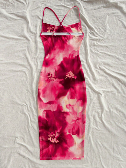 Floral Print Sleeveless Bodycon Midi Dress – Spaghetti Strap Backless Summer Holiday Wear