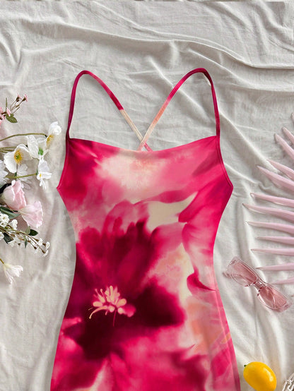 Floral Print Sleeveless Bodycon Midi Dress – Spaghetti Strap Backless Summer Holiday Wear