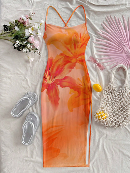 Floral Print Sleeveless Bodycon Midi Dress – Spaghetti Strap Backless Summer Holiday Wear