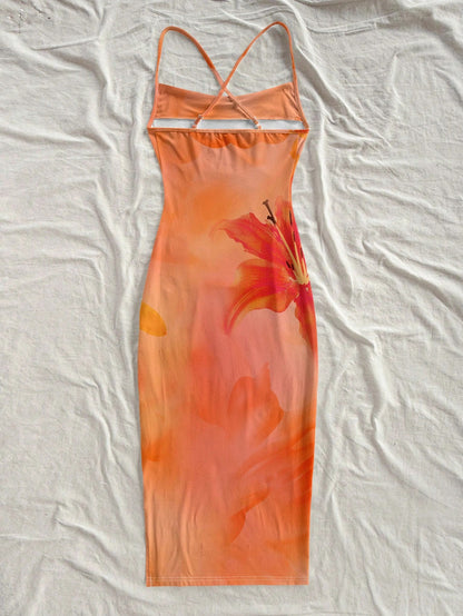 Floral Print Sleeveless Bodycon Midi Dress – Spaghetti Strap Backless Summer Holiday Wear