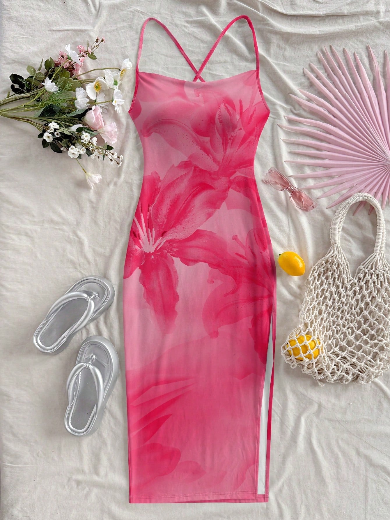 Floral Print Sleeveless Bodycon Midi Dress – Spaghetti Strap Backless Summer Holiday Wear