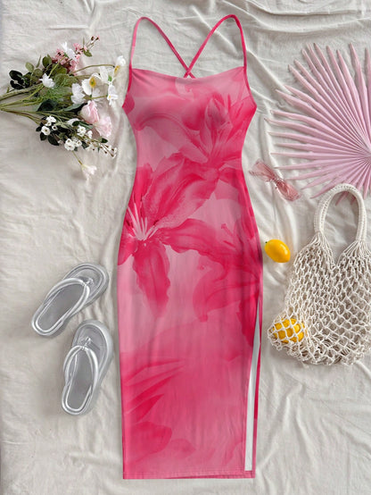 Floral Print Sleeveless Bodycon Midi Dress – Spaghetti Strap Backless Summer Holiday Wear