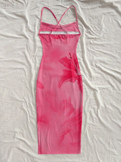 Floral Print Sleeveless Bodycon Midi Dress – Spaghetti Strap Backless Summer Holiday Wear