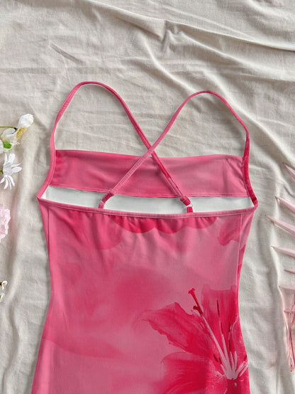 Floral Print Sleeveless Bodycon Midi Dress – Spaghetti Strap Backless Summer Holiday Wear