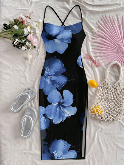 Floral Print Sleeveless Bodycon Midi Dress – Spaghetti Strap Backless Summer Holiday Wear