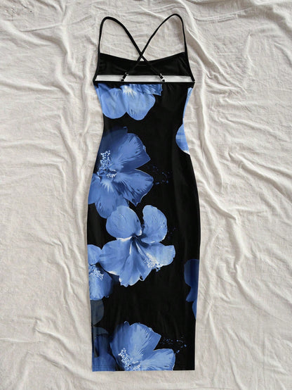Floral Print Sleeveless Bodycon Midi Dress – Spaghetti Strap Backless Summer Holiday Wear