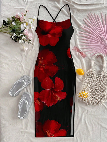 Floral Print Sleeveless Bodycon Midi Dress – Spaghetti Strap Backless Summer Holiday Wear