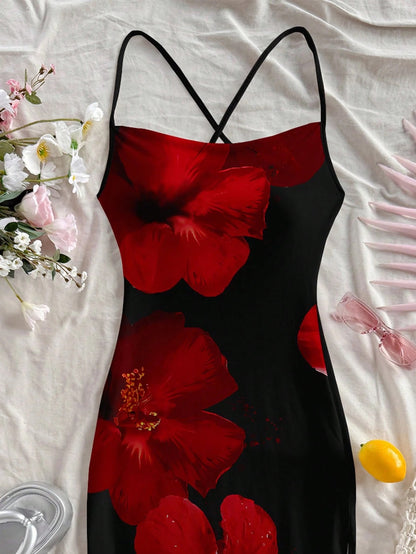 Floral Print Sleeveless Bodycon Midi Dress – Spaghetti Strap Backless Summer Holiday Wear