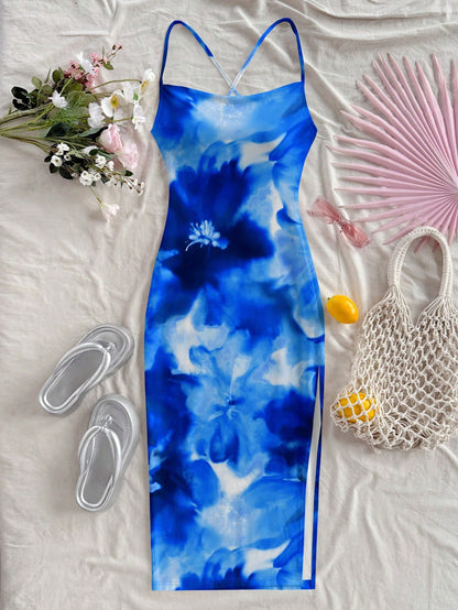Floral Print Sleeveless Bodycon Midi Dress – Spaghetti Strap Backless Summer Holiday Wear