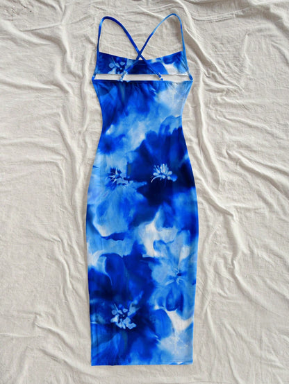 Floral Print Sleeveless Bodycon Midi Dress – Spaghetti Strap Backless Summer Holiday Wear