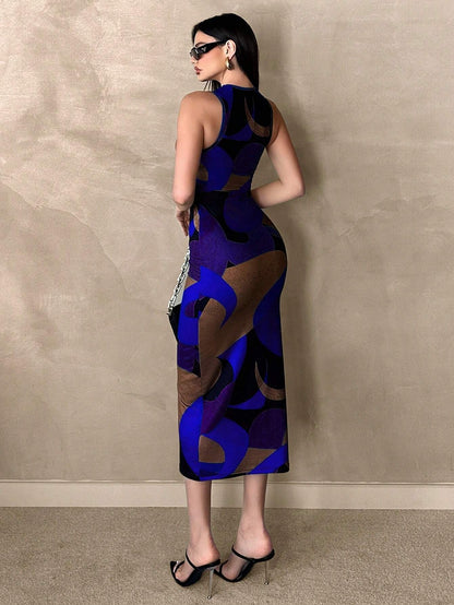 Color-Block Printed Ruched Sleeveless Bodycon Midi Dress with Elastic Waist