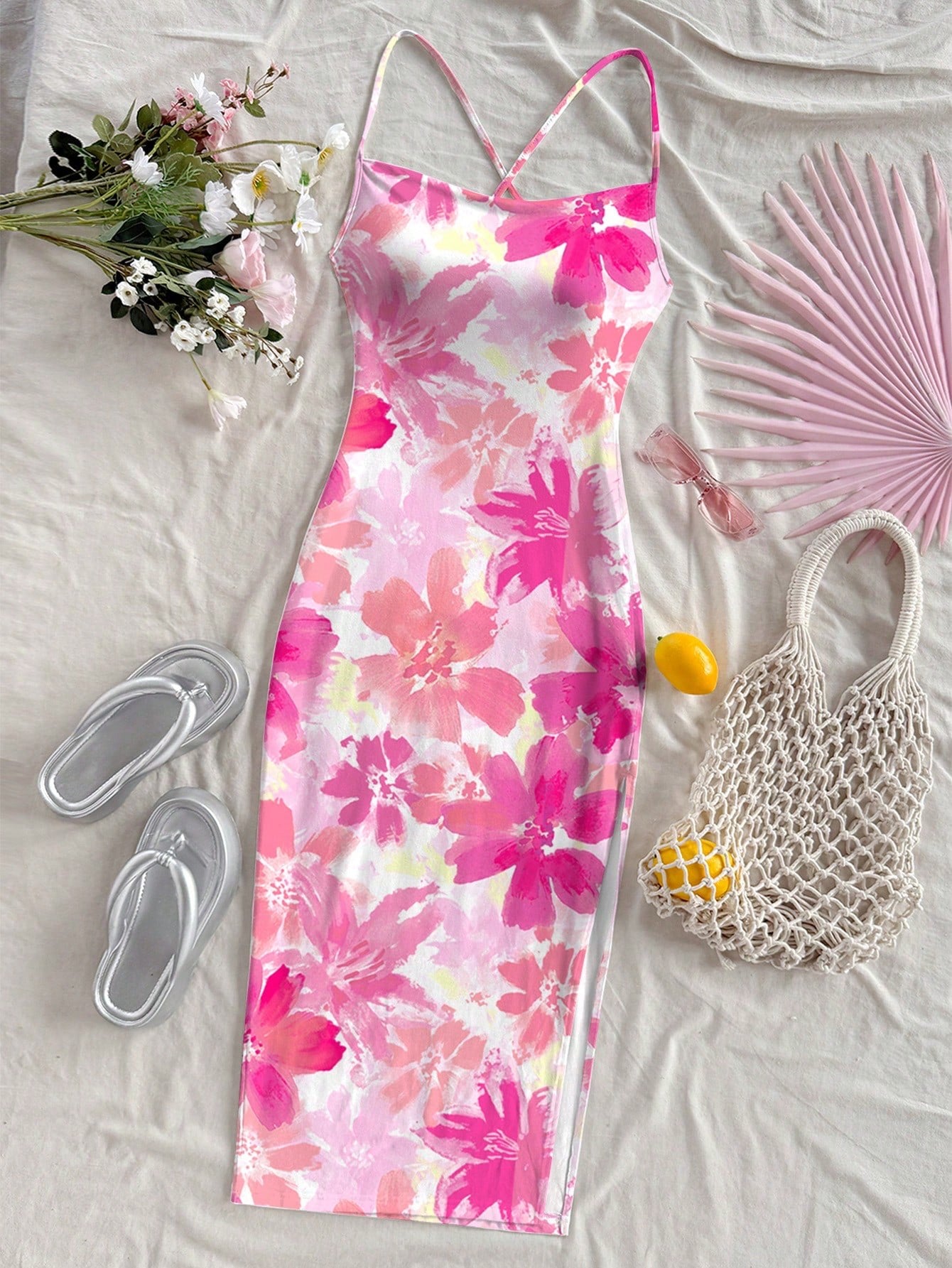 Floral Print Adjustable Strap Bodycon Midi Dress – Boho Summer Vacation & Going-Out Wear