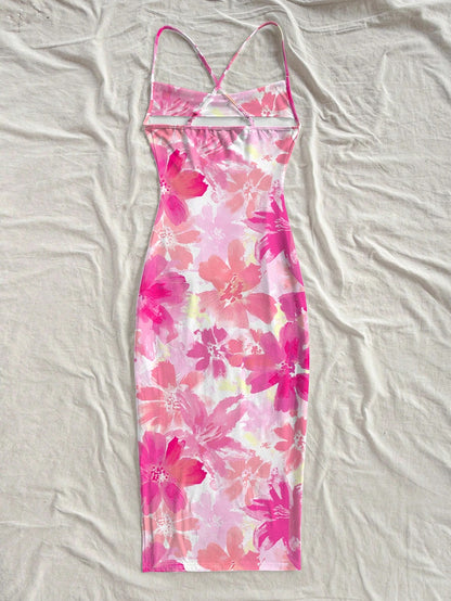 Floral Print Adjustable Strap Bodycon Midi Dress – Boho Summer Vacation & Going-Out Wear