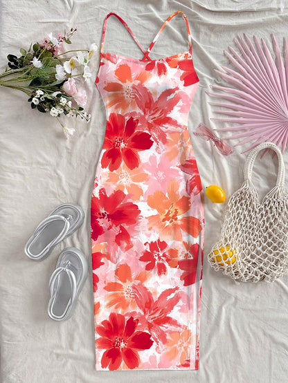 Floral Print Adjustable Strap Bodycon Midi Dress – Boho Summer Vacation & Going-Out Wear