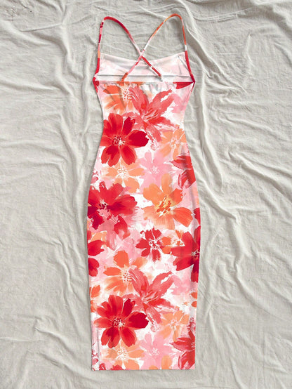 Floral Print Adjustable Strap Bodycon Midi Dress – Boho Summer Vacation & Going-Out Wear