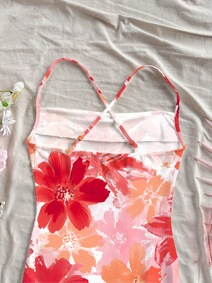 Floral Print Adjustable Strap Bodycon Midi Dress – Boho Summer Vacation & Going-Out Wear
