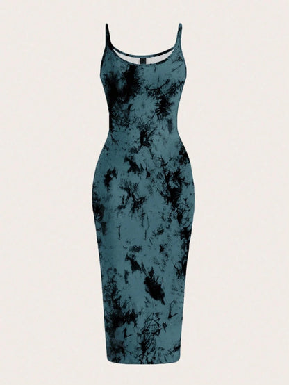 Tie-Dye Spaghetti Strap Bodycon Midi Dress – Minimal Summer Slip Dress