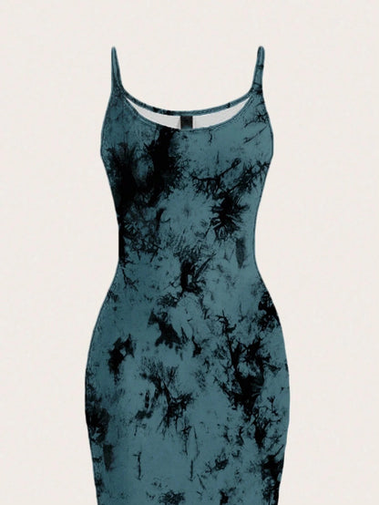 Tie-Dye Spaghetti Strap Bodycon Midi Dress – Minimal Summer Slip Dress