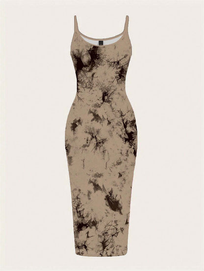 Tie-Dye Spaghetti Strap Bodycon Midi Dress – Minimal Summer Slip Dress
