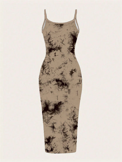 Tie-Dye Spaghetti Strap Bodycon Midi Dress – Minimal Summer Slip Dress