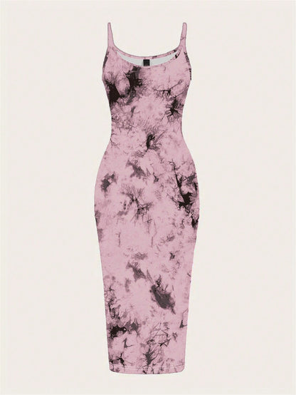 Tie-Dye Spaghetti Strap Bodycon Midi Dress – Minimal Summer Slip Dress