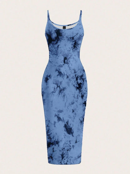Tie-Dye Spaghetti Strap Bodycon Midi Dress – Minimal Summer Slip Dress