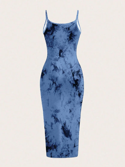 Tie-Dye Spaghetti Strap Bodycon Midi Dress – Minimal Summer Slip Dress