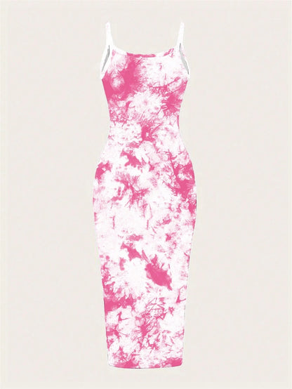 Tie-Dye Spaghetti Strap Bodycon Midi Dress – Minimal Summer Slip Dress