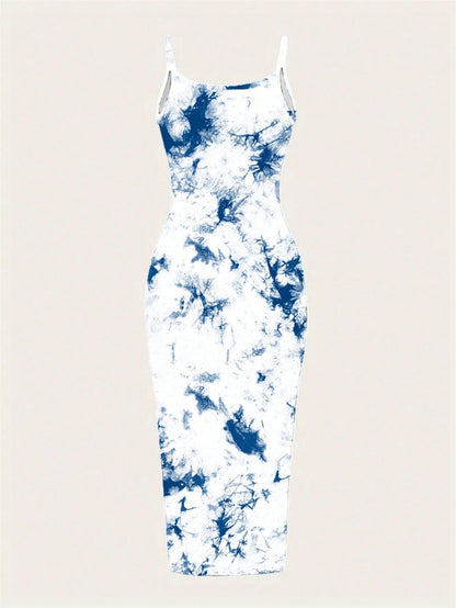 Tie-Dye Spaghetti Strap Bodycon Midi Dress – Minimal Summer Slip Dress