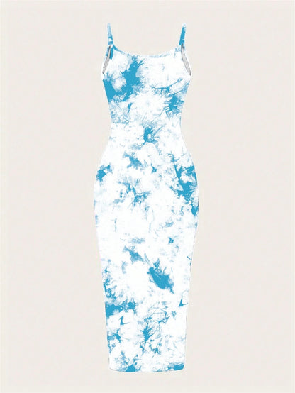 Tie-Dye Spaghetti Strap Bodycon Midi Dress – Minimal Summer Slip Dress