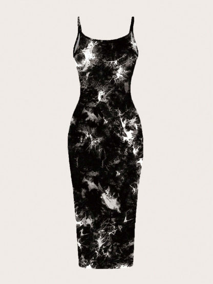 Tie-Dye Spaghetti Strap Bodycon Midi Dress – Minimal Summer Slip Dress