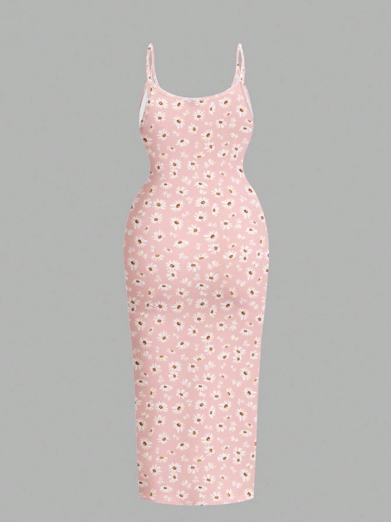 Daisy Print Spaghetti Strap Bodycon Midi Dress – Minimalist Summer Going-Out Style