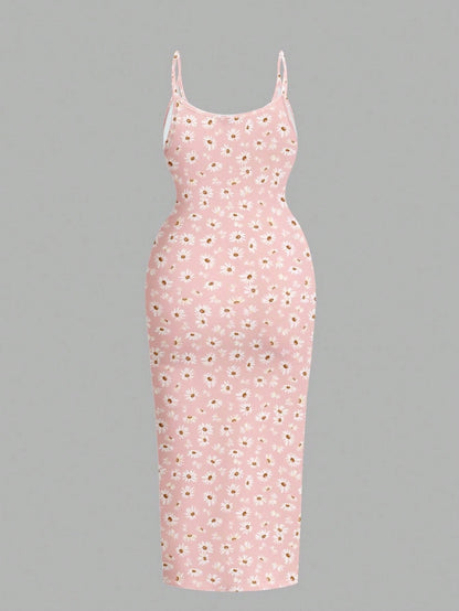 Daisy Print Spaghetti Strap Bodycon Midi Dress – Minimalist Summer Going-Out Style