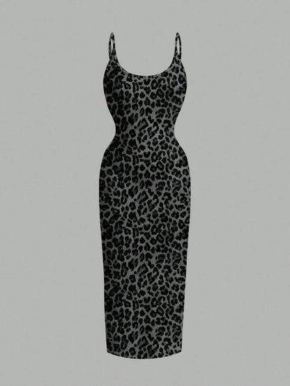 Leopard Print Spaghetti Strap Bodycon Midi Slip Dress – Minimalist Summer Going-Out Style