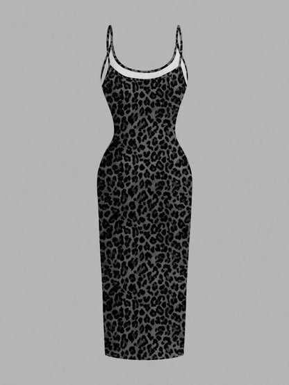 Leopard Print Spaghetti Strap Bodycon Midi Slip Dress – Minimalist Summer Going-Out Style