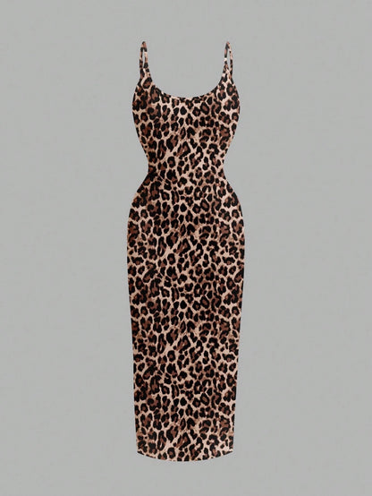Leopard Print Spaghetti Strap Bodycon Midi Slip Dress – Minimalist Summer Going-Out Style