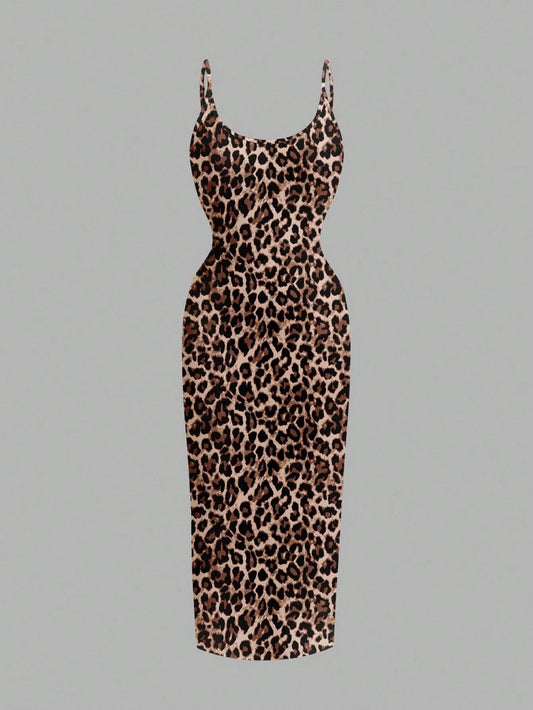 Leopard Print Spaghetti Strap Bodycon Midi Slip Dress – Minimalist Summer Going-Out Style