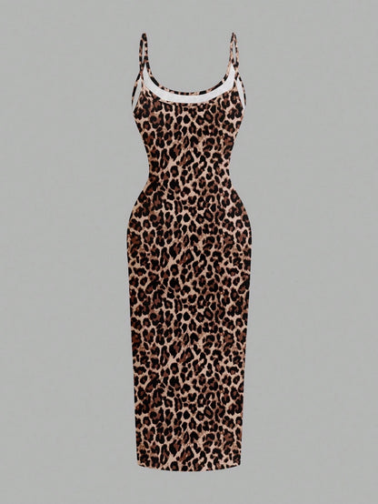 Leopard Print Spaghetti Strap Bodycon Midi Slip Dress – Minimalist Summer Going-Out Style