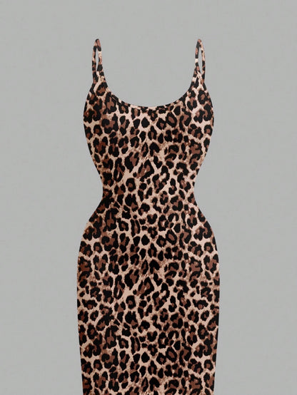 Leopard Print Spaghetti Strap Bodycon Midi Slip Dress – Minimalist Summer Going-Out Style