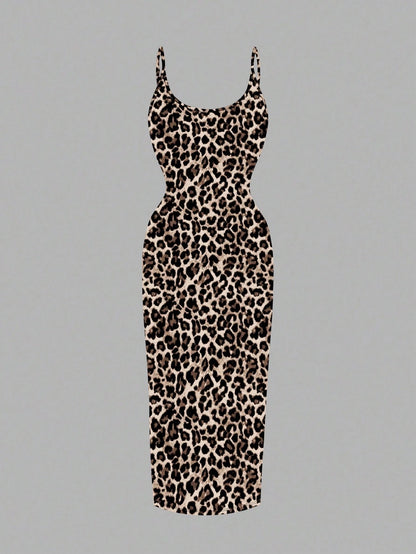 Leopard Print Spaghetti Strap Bodycon Midi Slip Dress – Minimalist Summer Going-Out Style