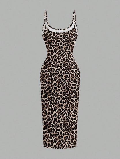 Leopard Print Spaghetti Strap Bodycon Midi Slip Dress – Minimalist Summer Going-Out Style