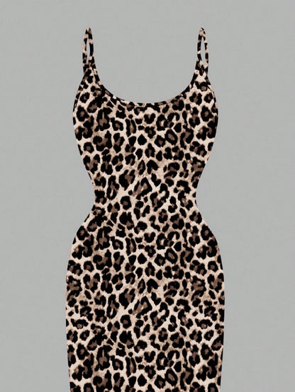 Leopard Print Spaghetti Strap Bodycon Midi Slip Dress – Minimalist Summer Going-Out Style