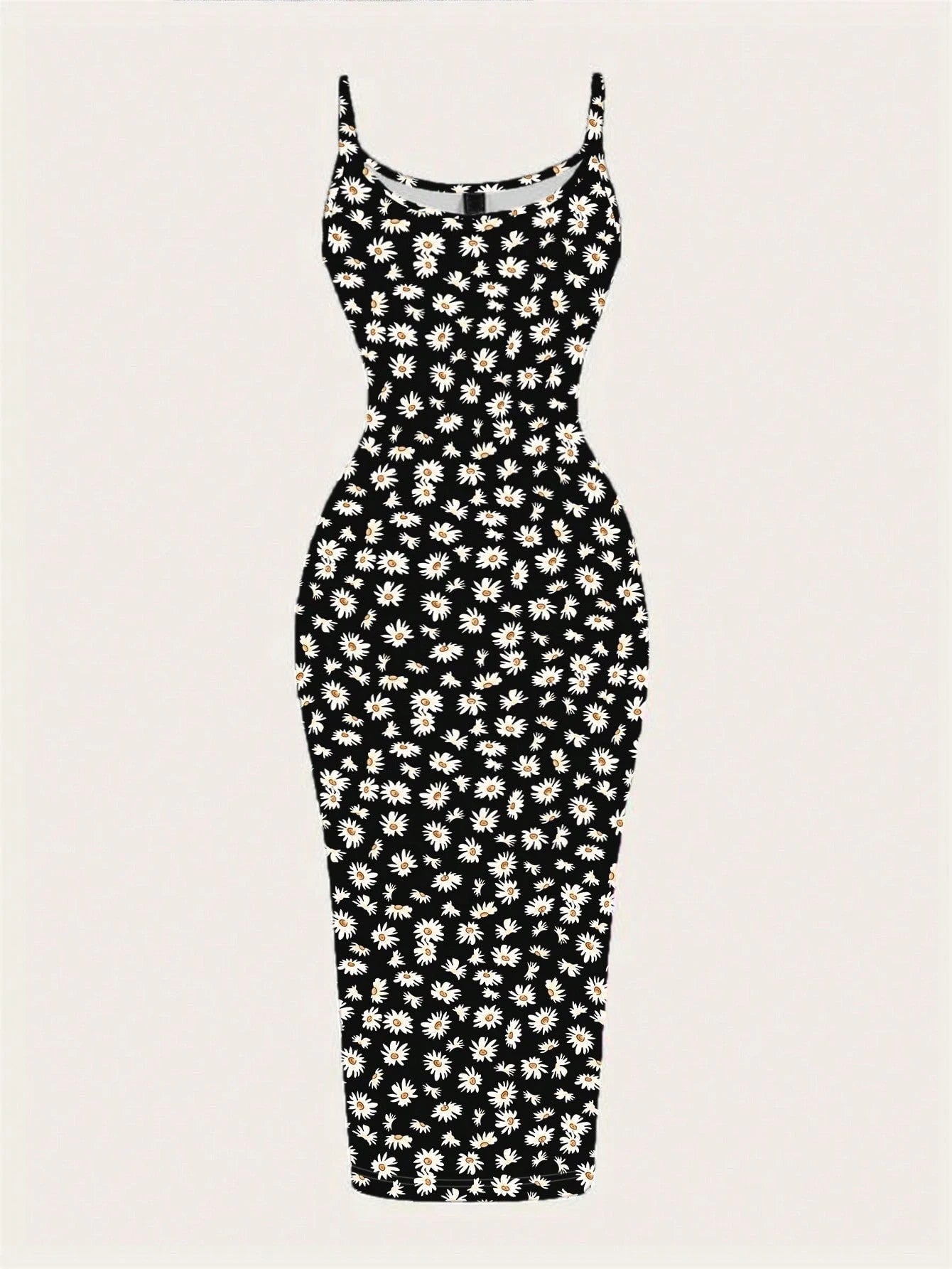 Daisy Print Spaghetti Strap Bodycon Midi Dress – Minimalist Summer Going-Out Style